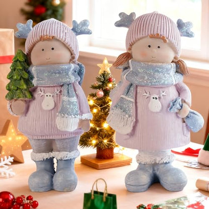 Christmas Home Decor Set of 2 Resin Mini Sculptures with Reindeer Hats, Cute Female Themed Winter Ornaments for Mantel, Tiered Tray & Indoor Tabletop Christmas Decor