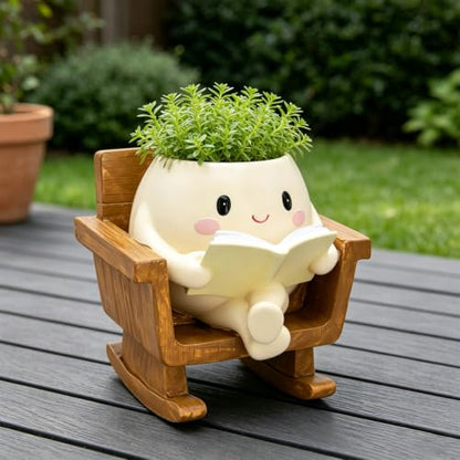 Cute Rocking Chair Smiley Face Planter Pot for Indoor Outdoor | Unique Book Garden Plant Pots with Drainage, Funny Succulent Flower Pot Decorative, Mother Gifts for Birthday, Christmas