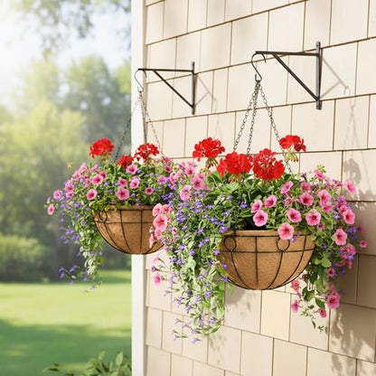 EIMQUVW Outdoor Hanging Planter(4-Pack) Black Metal Hanging Baskets with Coconut Fiber Lining 14 inch Round Chain Flower Pots for Patio Garden Greenery Decoration - size: 14 Inch, style: Circular