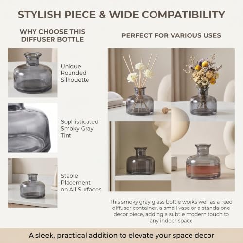 200ml Gray Glass Reed Diffuser Bottle, Empty Refillable Aromatherapy Jar | Wide body for better fragrance dispersion Narrow neck fits most standard reed sticks - color: Grey