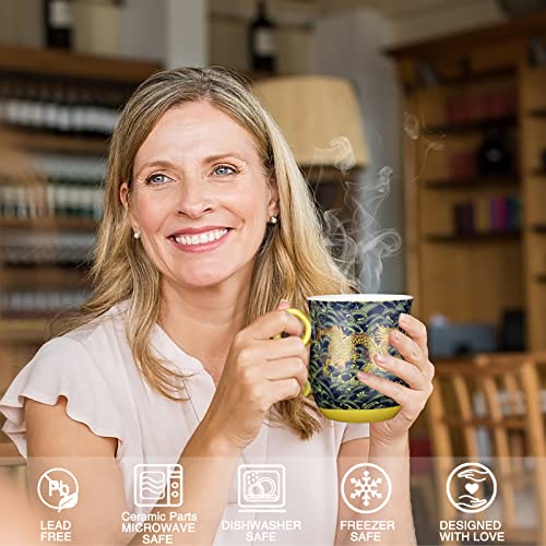Chinese Tea Cup with Lid, Dragon Pattern, Dark Green, 11.8 fl oz (350ml) | Asian tea cup with lid, dragon pattern, removable infuser, matching saucer, for personal loose-leaf brewing - color: Dark Green