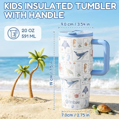 Fimibuke 20oz Kids Insulated Tumbler with Handle, Toddler Water Bottle | Leakproof 18/8 Stainless Steel Cups w/ Flip Straw Lid & Silicone Straw, BPA Free Water Bottle Kids School Gift for Boys Girls - color: Dinosaur & Monster Trucks