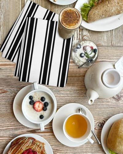 Black Striped Hand Towels Set, Waffle Weave Kitchen Towels 2 Pieces, Farmhouse Aesthetic Modern Stripes Microfiber Hair Face Bath Tea Towel Absorbent Quick Drying Cleaning Dish Cloths, 15.7"x23.6" - color: Black, White, Charcoal, size: 2PCS,15.7"x23.6"