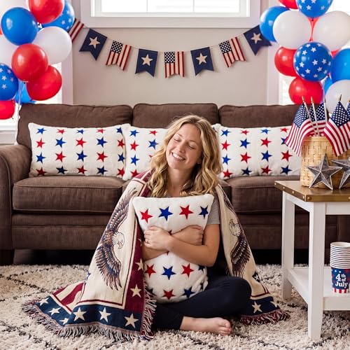 Tiamon 4 Pcs Patriotic 4th of July Throw Pillow Covers 11.8 x 19.7 Inch Red White Blue Stars Plush 3D Embroidered Pillow Cases USA Flag Independence Veteran's Day Cushion Covers for Bed Sofa Couch - style: Patriotic Rectangle