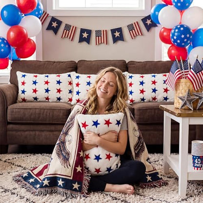 Tiamon 4 Pcs Patriotic 4th of July Throw Pillow Covers 11.8 x 19.7 Inch Red White Blue Stars Plush 3D Embroidered Pillow Cases USA Flag Independence Veteran's Day Cushion Covers for Bed Sofa Couch - style: Patriotic Rectangle