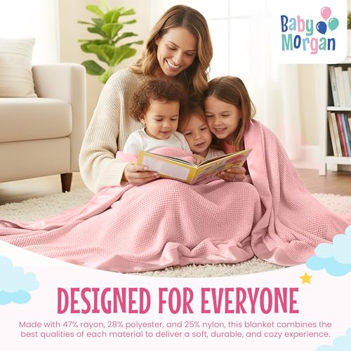 Thermal Waffle Knit Throw Blanket Satin Trim Pink 50"x60" | Adult throw blanket with soft lightweight waffle knit design, satin trim & breathable layer for couch, bed & living room use. - color: Pink - Satin Trim