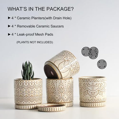 Gepege Ceramic Succulent Pots, 4 Inch Small Plant Pots with Drainage | Ceramic succulent pots with drainage holes, ceramic saucers and mesh pads, set of 4, ideal for cactus and succulents - color: White, size: 4 Inch - Set of 4