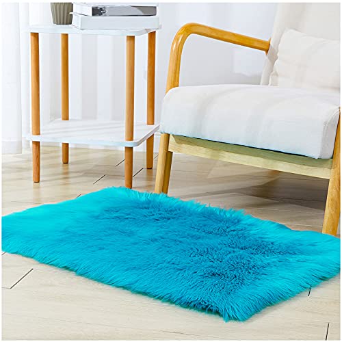 Faux Sheepskin Fur Fuzzy Furry Rug, 2x3 Ft Rectangle Small Teal Furry Rugs, Bedside Fluffy Area Rug Fur Rugs for Bedroom, Living Room, Dorm Room, Photography - color: Teal, size: 2x3 ft Rectangle