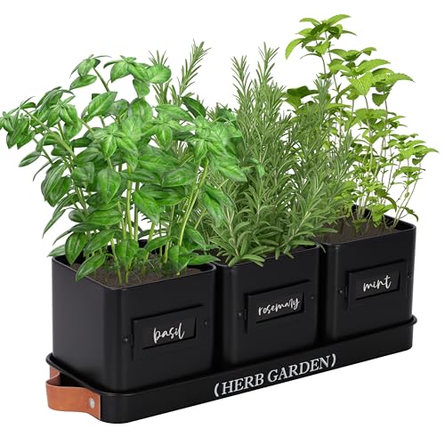 PERFNIQUE Indoor Herb Garden, Herb Planter Set with Tray, Farmhouse Indoor Plant Pots, Windowsill Herb Garden with Drainage(Planter only) for Indoor/Outdoor, Window Pots(Matte Black) - color: Matte Black