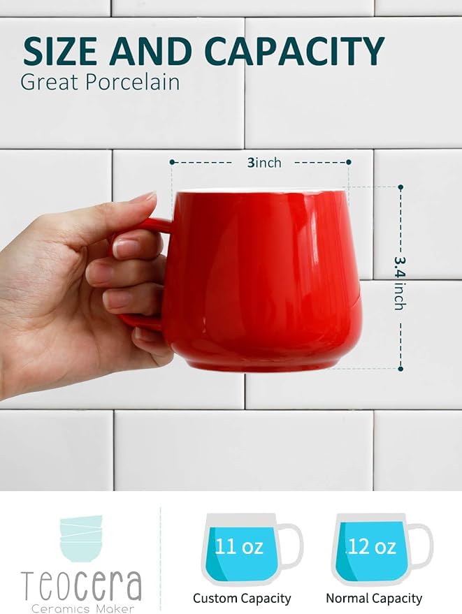 Teocera Ceramic Coffee Mug Set of 4-12 oz Coffee Mugs with Large Handles for Hot or Cold Drinks Like Latte, Cocoa, Tea or Juice - Smooth Ceramic, Dishwasher Safe, Red - color: Red