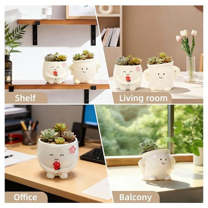 2 Pack Smiley Face Planter Pots with Drainage Hole, 3.5 Inch Cute Ceramic Succulent Pots, Funny Flower Planters for Indoor Outdoor Home Office Decor, Flower Vase Gift for Plant Lovers