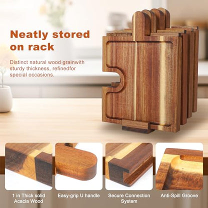 Wooden Charcuterie Boards Set of 4, Puzzle Serving Trays with Stand | Made from acacia wood,4-piece interlocking design,portable,18 inch ideal for charcuterie,snacks,appetizers,party & gatherings - size: 11.8" x 9" x 1"