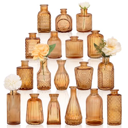18pcs Amber Glass Bud Vase Set, Gold Small Flower Vases for Centerpieces | Bulk Glass Vintage Vases for Centerpieces, Decorative Flower Vases for Wedding Home Table Decor - color: Amber, size: 18pcs