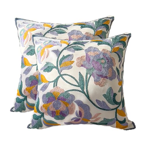 Embroidered Throw Pillow Covers, Pack of 2 Purple Flowers Patterned Pillowcases for Couch Sofa Bedroom, Decorative Pillow Covers 18x18 inch(Purple Flowers) - color: Purple Flowers