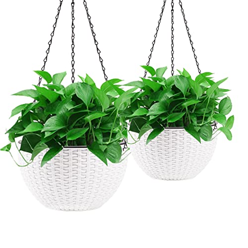 Foraineam 2-Pack Dual-pots Design Hanging Basket Planters Self-Watering Indoor Outdoor Plant & Flower Hanging Pots with Drainer and Chain, 2 Size Assorted (White)