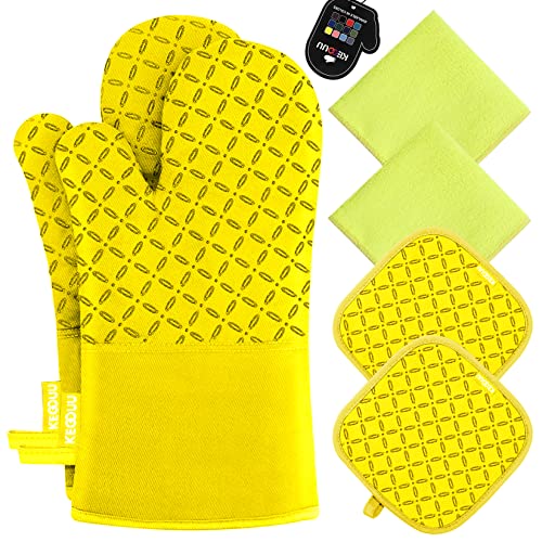 KEGOUU Oven Mitts and Pot Holders 6pcs Set, Kitchen Oven Glove High Heat Resistant 500 Degree Extra Long Oven Mitts and Potholder with Non-Slip Silicone Surface for Cooking (Yellow) - color: Yellow
