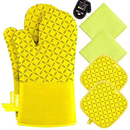 KEGOUU Oven Mitts and Pot Holders 6pcs Set, Kitchen Oven Glove High Heat Resistant 500 Degree Extra Long Oven Mitts and Potholder with Non-Slip Silicone Surface for Cooking (Yellow) - color: Yellow