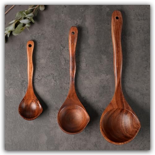 3 PCS Wooden Spoon Set, Natural Teak Large Soup Ladel for Cooking | Mixing Spoon,Durable, Nonstick Safe & Heat Resistant with Ergonomic Handles, Wooden Cooking Spoon,for Kitchen Tasks - size: 3 pieces (Teak)