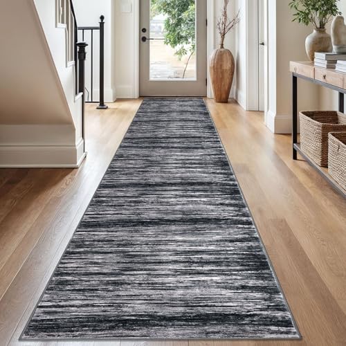 SIILOOM 2.6x16 Washable Runner Rug, Non Slip Area Rug for Hallway Kitchen | Black/White Soft Modern Abstract Spill & Stain Resistant Low Pile Carpet for Entryway Office Laundry Bedroom, Easy Clean - color: Black/White, size: 2'7" x 16' (Runner)