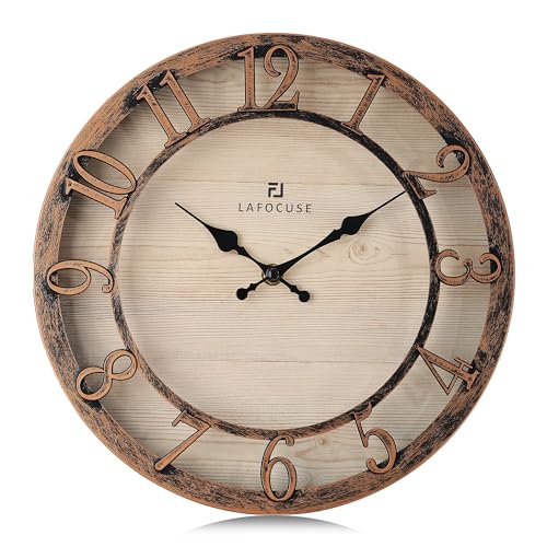Lafocuse 12 Inch Brown Kitchen Farmhouse Wall Clocks Battery Operated | Raised 3D Numbers, Silent Non-Ticking, Wood-Grain Dial, Vintage Antique Rustic Distressed Style for Living Room Decor Bedroom - color: Brown