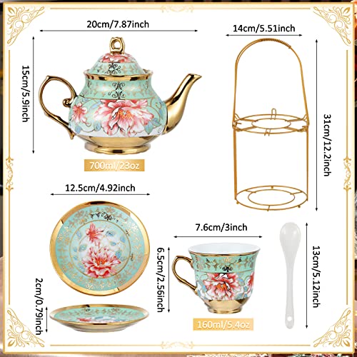 Zhehao 20 Pcs Porcelain Tea Set with Metal Holder and Spoon Adult Ceramic Tea Set European Flower Painting Teapot Cup Saucer Spoon for Women Mom Gift, Large Version (Fresh Style) - color: Fresh Style