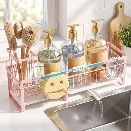 Extra Large Extendable Sponge Holder for Kitchen Sink Caddy Organizer | Rustproof Sink Caddy Organizer with High Brush Holder, Dish Soap Dispenser Organizers and Storage (Black) - color: Pink