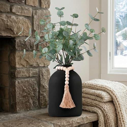 6 Pcs Artificial Eucalyptus Stems in Large Black Vase ,18" Artificial Greenery Stems Centerpieces Fake Eucalyptus Stems 9 in Tall Vase Home Decor Coffee Table Kitchen Table Centerpieces Decor (Black)