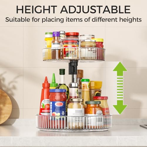 Lazy Susan Organizer – 2 Tier Rotating Spice Rack Turntable, 11.4" Plastic Spinning Organizer for Kitchen Cabinet Pantry Countertop Cupboard Bathroom Storage, Clear - size: Clear