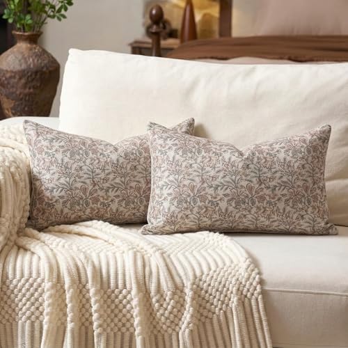 Amor Virisso Floral Throw Pillow Covers 12 x 20 Set of 2 Vintage Block Print Pillow Covers Decorative Pillow Covers Couch Pillows for Living Room Farmhouse Accent Sofa Pillows, Red/Sand - color: Red/Sand, size: 20" x 12" (Pack of 2)