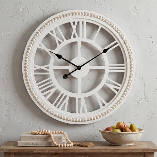 RiteSune 24 Inch Large Farmhouse Rustic Wooden Wall Clock | Silent Non-Ticking Decor Wall Clock, Easy to Hang Wall Decor for Living Room Bedroom Kitchen - color: White, size: 24 Inch