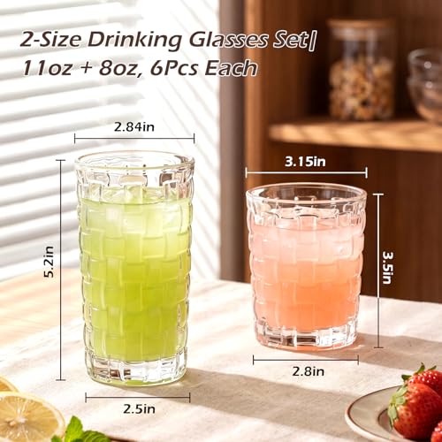 QAPPDA Embossed Drinking Glasses 12 Pack, 11oz & 8oz Old Fashioned Glass | Vintage Kitchen Bar Tumbler Glassware Set for Whiskey, Beer, Juice, Milk and Various Mixed Drinks