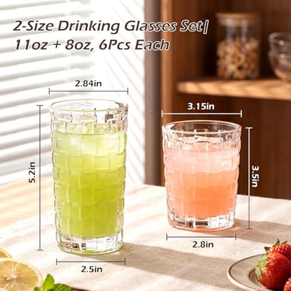 QAPPDA Embossed Drinking Glasses 12 Pack, 11oz & 8oz Old Fashioned Glass | Vintage Kitchen Bar Tumbler Glassware Set for Whiskey, Beer, Juice, Milk and Various Mixed Drinks