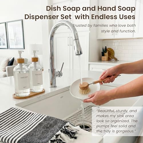 MaisoNovo Glass Dish Soap Dispenser for Kitchen Set of 2-16.9oz Clear Dish and Hand Soap Dispenser Set for Kitchen - Clear Glass Bottles x 2 with White Bamboo Pumps & Tray - color: Clear Bottles/White Bamboo Pumps
