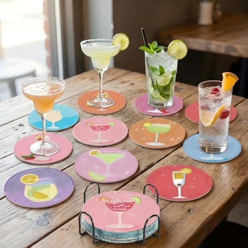 10 Pcs DIY Diamond Painting Coasters with Holder – Vibrant Beverage Pattern Designs – Easy & Fun Gem Art Craft Kit for Home Decor & Unique Gifts