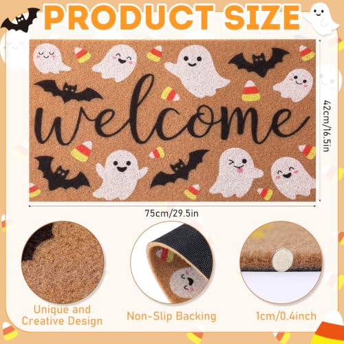 Halloween Welcome Doormat, 16.5x30in Faux Coir Welcome Door Mat | Non Slip Backing, Washable and Reusable, Quick Drying, Bat Ghost Candy Pattern, Halloween Decor, Indoor Outdoor Porch Use - style: Halloween