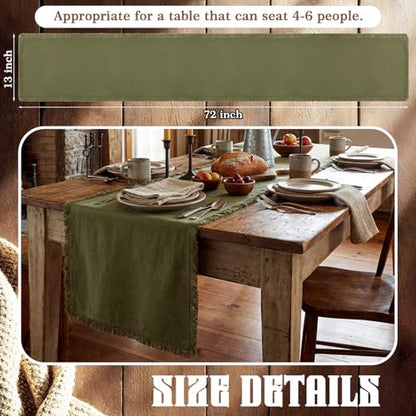 Chumia Olive Green Boho Table Runner with Tassels 12x72 Inches Farmhouse Small Macrame Woven Cotton Rustic Coffee Dresser Table Runner for Living Room Home Dining Kitchen Centerpiece Bohemian Decor