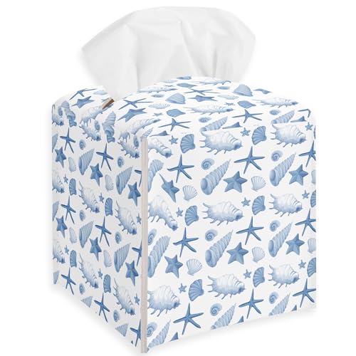 Beach White Starfish Seashell Tissue Box Cover, Coastal Decorative Leather Tissue Box Holder Square Facial Paper Organizer Dispenser for Bathroom Kitchen Bedroom Vanity Countertop - color: Beach -a