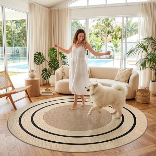 LUMI 4' Round Natural Jute Area Rug, Braided Farmhouse Rug - color: Vanilla Veil, size: 4'x4'