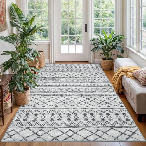 KUTA Boho 4x6 Rug for Entryway Moroccan Washable Area Rug Grey | Non-Slip, Non-Shedding, Low Pile, Ultra Soft Geometric Floor Rugs for Entrance Kitchen Living Room Bedroom Nursery Dorm - color: Grey, size: 4' x 6' (Rectangular)