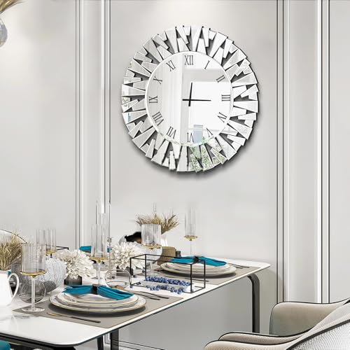 Wall Clock, Round Silver Mirror Silent 32 Inch Large Wall Clock, Modern Glass Wall Decor, Clock Battery Operated, Suitable for Living Room, Home, Kitchen, Office