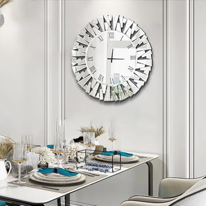Wall Clock, Round Silver Mirror Silent 32 Inch Large Wall Clock, Modern Glass Wall Decor, Clock Battery Operated, Suitable for Living Room, Home, Kitchen, Office