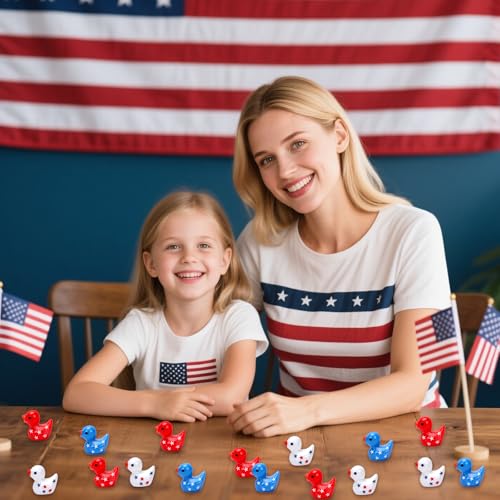 JUNEBRUSHS 50 Pcs Patriotic Ducks Mini Resin Duck 4th of July Tiny Ducks Red White Blue Miniature Ornaments for Vase Filler Jewelry Making DIY Crafts Party Gifts Decorations - style: Independence Style