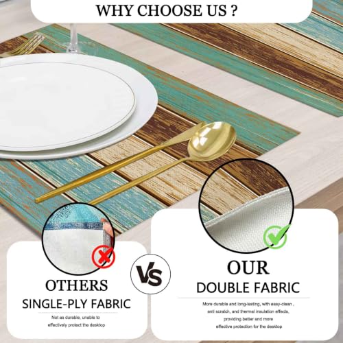 Mcalk Farmhouse Table Runner and Placemats Set of 6 Pieces, Teal and Brown Placemats Wooden Texture,Rectangle Cloth Place Mats Indoor for Kitchen,Washable Placemats Linen Material for Living Table - color: 01teal and Brown