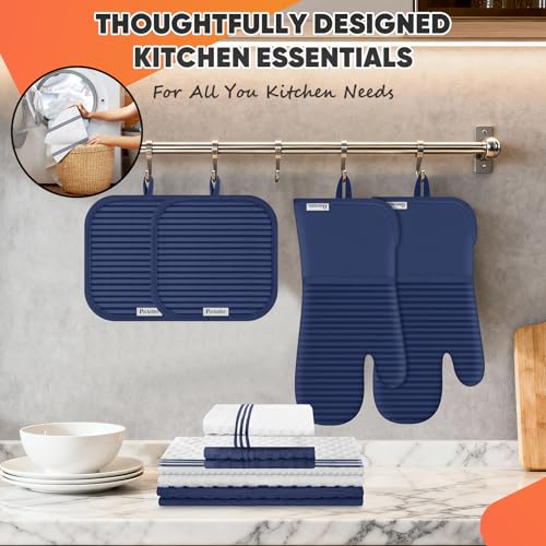 Oven Mitts Kitchen Towels and Dishcloths with Pot Holders Sets, Oven Gloves Hot Pads 500°F Heat Resistant with Silicone Grip, Include 2 Cooking Gloves/2 Potholders/4 Kitchen Towels/4 Dish Towels - color: Marine Blue