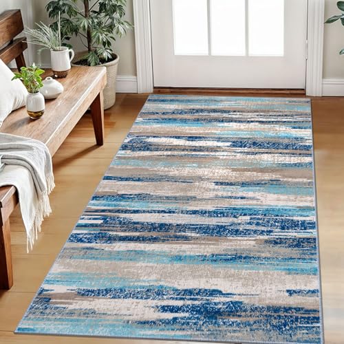 Lansny Abstract Area Rug 3x5 Washable Entryway Rug Non Slip Kitchen Rugs | Blue;Thin Printed Faux Wool Door Mat;Throw Rugs for Bedroom,Office;Indoor Front door Rug;Modern Entry Rug;Entrance Rugs - color: Blue Aqua/Beige Taupe Multi, size: 3' x 5' (Rectang