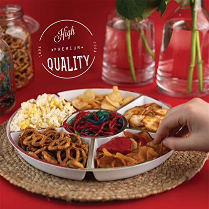 6 Sectional Round Plastic Serving Tray/Platters White W Silver Rim 4 Pack - color: White & Silver