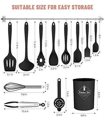 Black Kitchen Utensils Set-12 Pieces Silicone Cooking Utensils Set | Dishwasher Safe 392°F Heat Resistant Spatula Set Kitchen Utensil Set for Nonstick Cookware,Best Kitchen Tools with Holder - color: Black