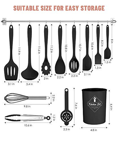 Black Kitchen Utensils Set-12 Pieces Silicone Cooking Utensils Set | Dishwasher Safe 392°F Heat Resistant Spatula Set Kitchen Utensil Set for Nonstick Cookware,Best Kitchen Tools with Holder - color: Black