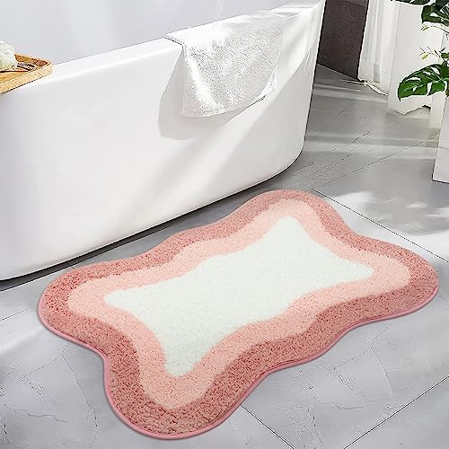 HAOCOO Pink Bathroom Rugs Washable, 18x25 inch Soft Non Slip Funny Bathroom Decor Cute Bath Mat, Luxury Soft Microfiber Absorbent Bathmat Floor Carpet for Shower Tub Bedroom - color: Pink, size: 18x25 inch (Irregular)