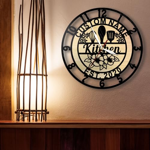 Kitchen Wall Clock Custom Name, Wood Chef Clock Modern Decorative Kitchen Clocks Wall Battery Operated Silent Movement for Restaurant Dinning Room Farmhouse Cooking Lovers Chef Mom Gift - size: 12 Inch